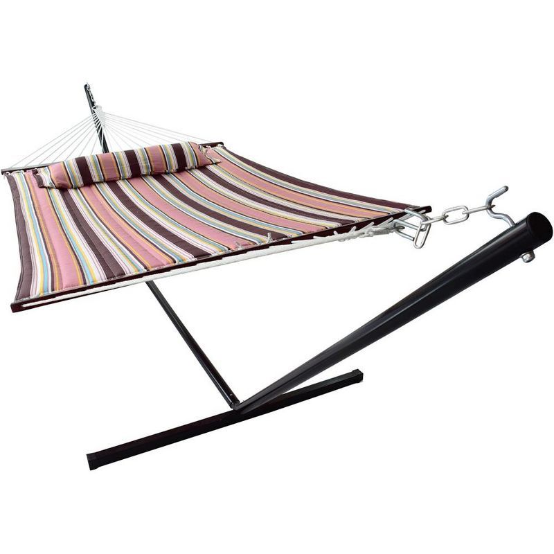 Vibrant Striped Cotton 2-Person Hammock with Stand and Pillow