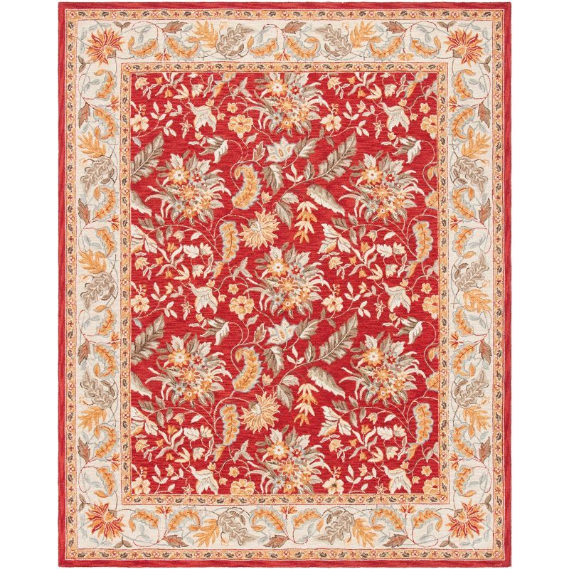 Red Floral Hand-Hooked Wool Area Rug, 6' x 9'