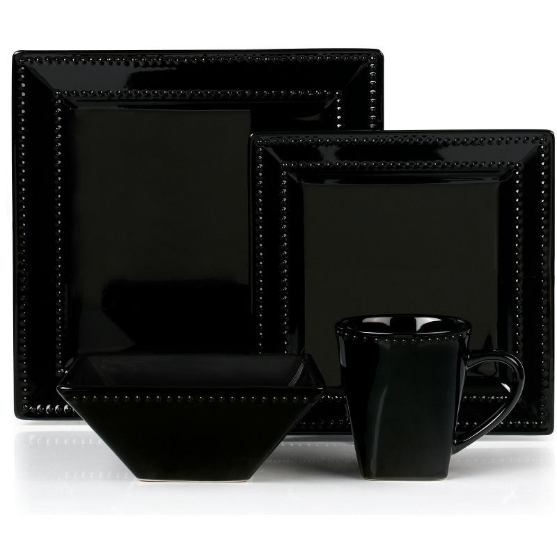 Lorren Home Trends 16 Piece Square Beaded Stoneware Dinnerware set, service for 4, Black