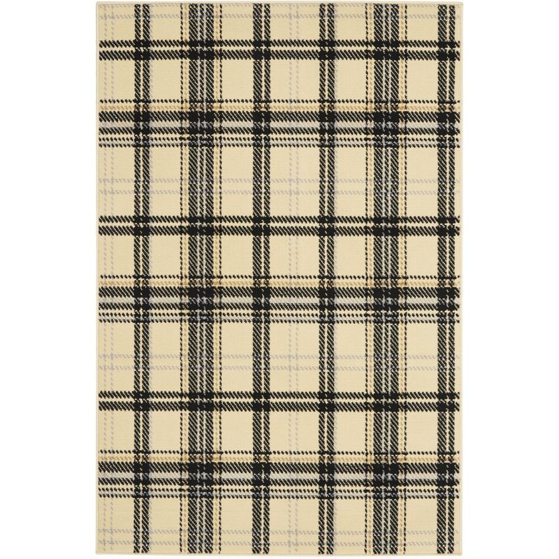 Handmade Cream & Black Plaid 5' x 7' Synthetic Area Rug