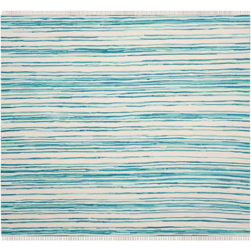 Hand-Woven Whimsical Stripe Cotton Rug in Ivory/Green - 6' Square