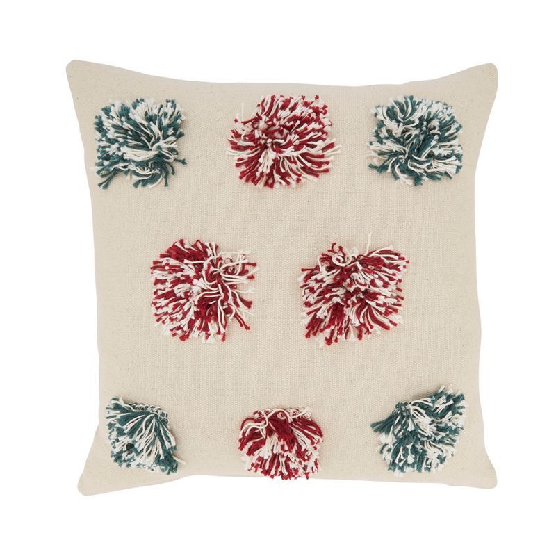 18'' Beige Cotton Throw Pillow Cover with Red and Green Pom Poms