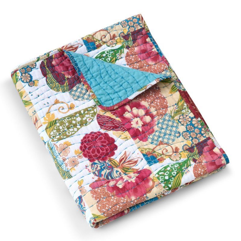 Jewel Multicolor Cotton Kantha-Quilted Reversible Throw Blanket, 50" x 60"