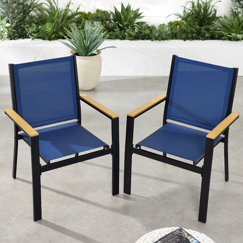 Set of 2 Blue Metal Armchairs with Wooden Armrests