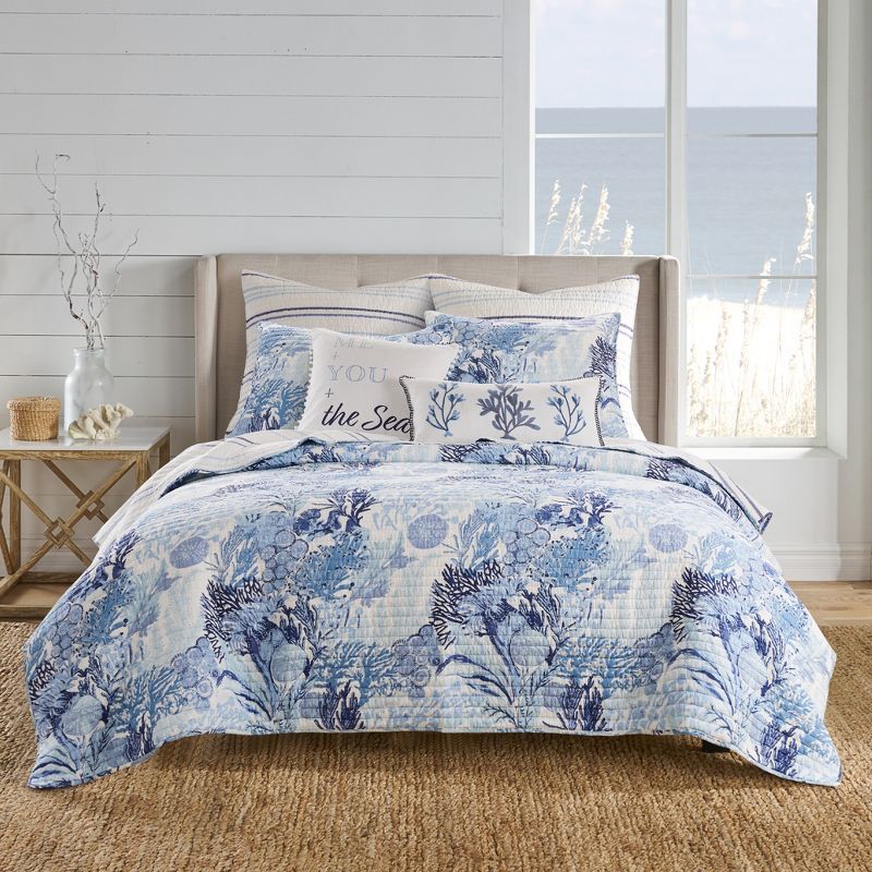 Blue Cotton Twin Reversible Nautical Quilt Set