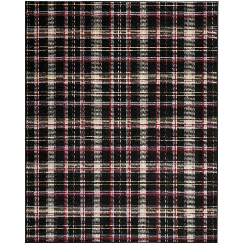 Hand-Knotted Black Plaid 8' x 10' Synthetic Area Rug