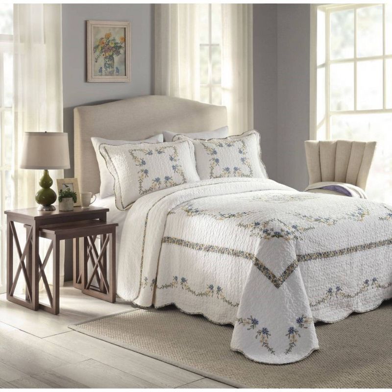 Heather Twin Blue Cotton Bedspread with Scalloped Edge