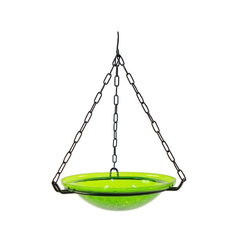 Fern Green Crackle Glass Hanging Birdbath with Wrought Iron Stand