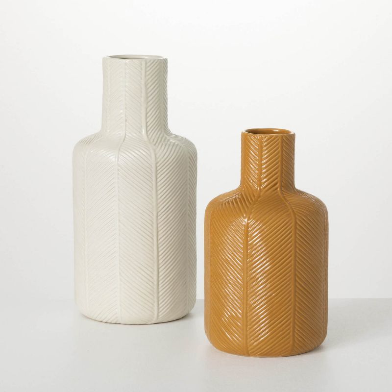 Large White and Mustard Artisanal Ceramic Vase Set