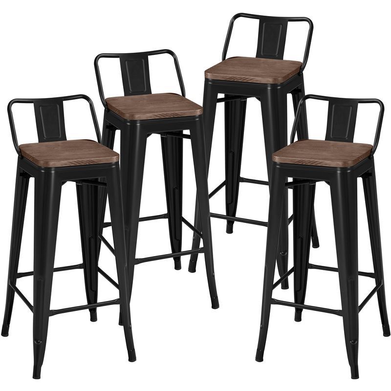 30" Black Metal Bar Stools with Wood Seat, Set of 4