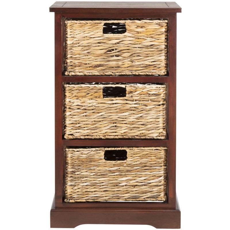 Transitional Brown Pine Wood Side Table with 3 Rattan Drawers