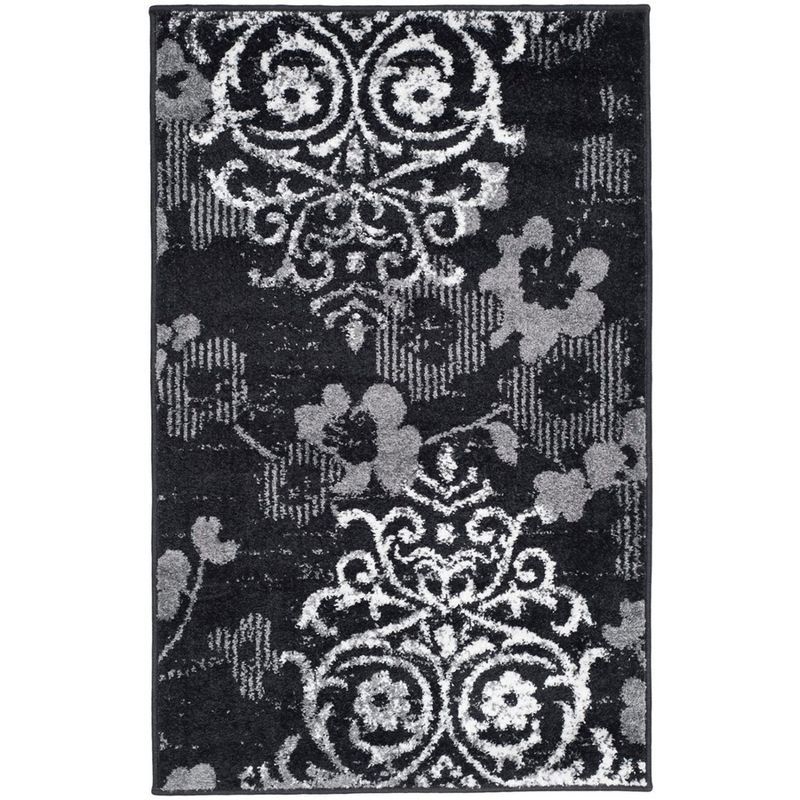 Black and Gray Floral Damask Rectangular Area Rug