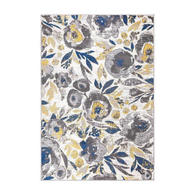 Ivory Floral Bliss 5' x 7' Easy-Care Synthetic Area Rug