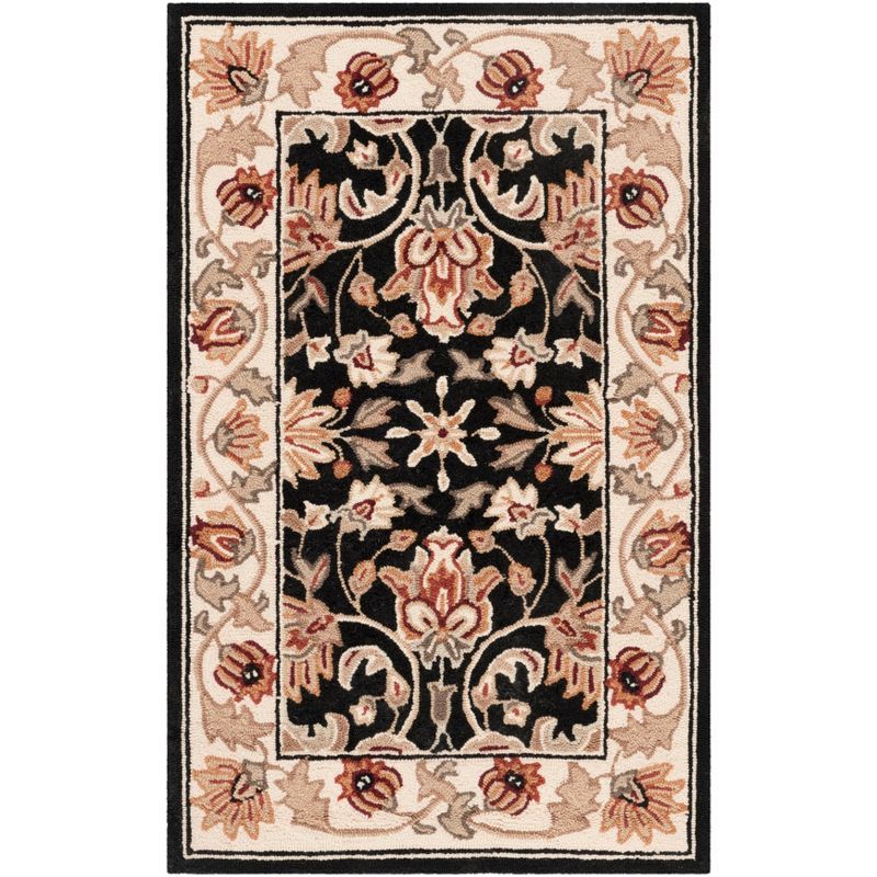 Black and Ivory Floral Hand-Hooked Rectangular Area Rug