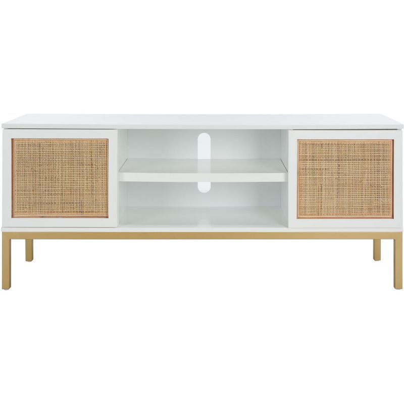 White and Natural Rattan Media Stand with Gold Legs