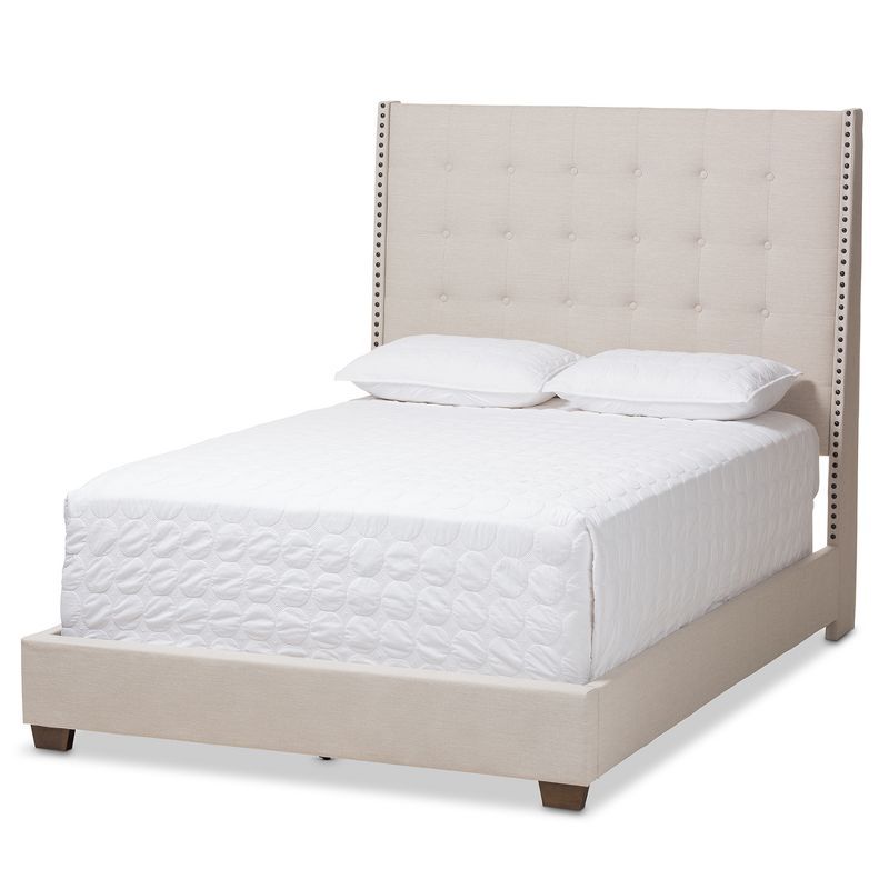 King Light Beige Upholstered Wood Frame Bed with Tufted Headboard