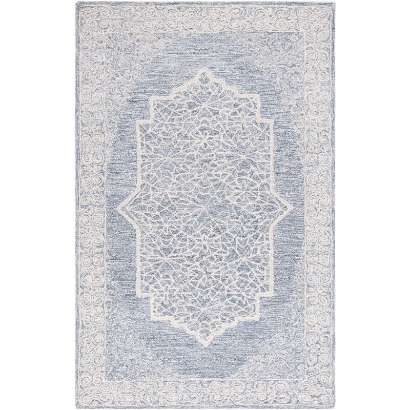 Ivory and Blue Handmade Wool Tufted 6' x 9' Abstract Rug