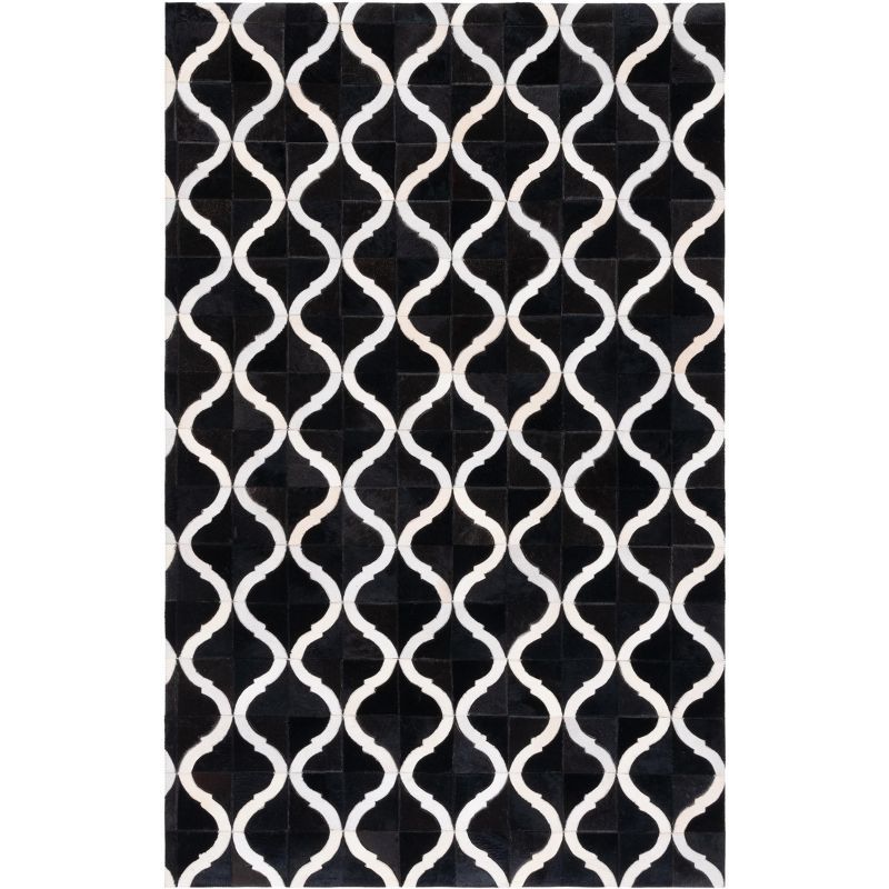 Hand-Knotted Black and Beige Geometric Cowhide Rug