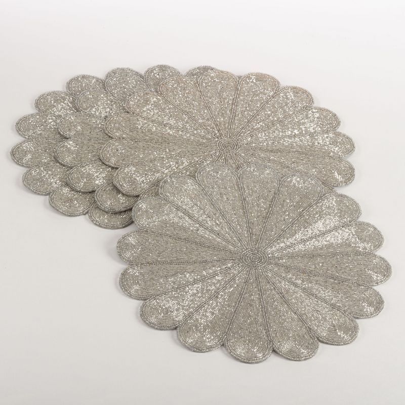 Silver Flower Design Beaded Fabric Placemats, Set of 4