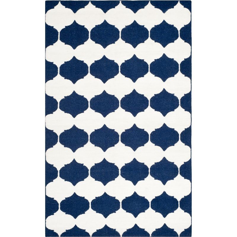 Navy/Ivory Geometric Round Flat Woven Wool Rug, 5' x 8'