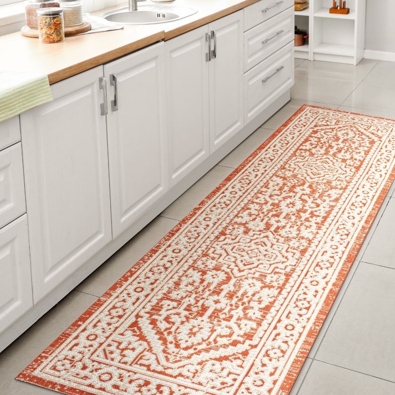 Sinjuri Medallion Orange & Cream 2x8 Flat Woven Area Rug