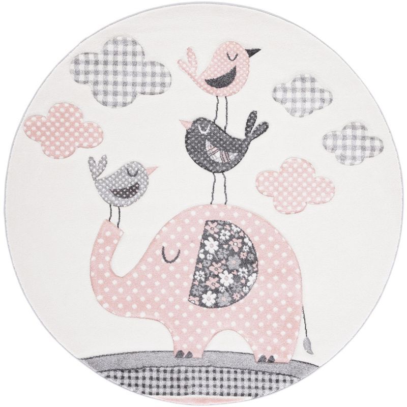 Carousel Kids Round Pink and Ivory Synthetic Area Rug