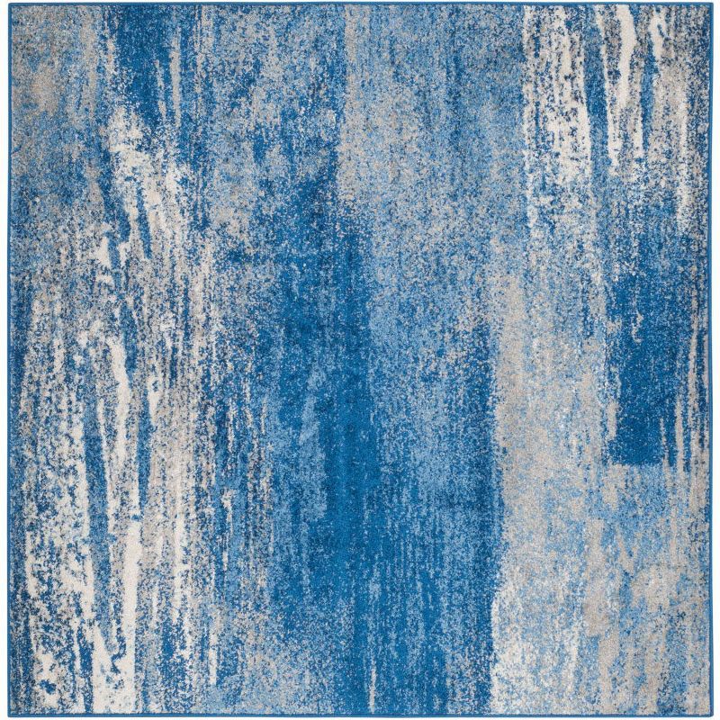 Silver and Blue Abstract Reversible Synthetic Square Rug, 4' x 4'