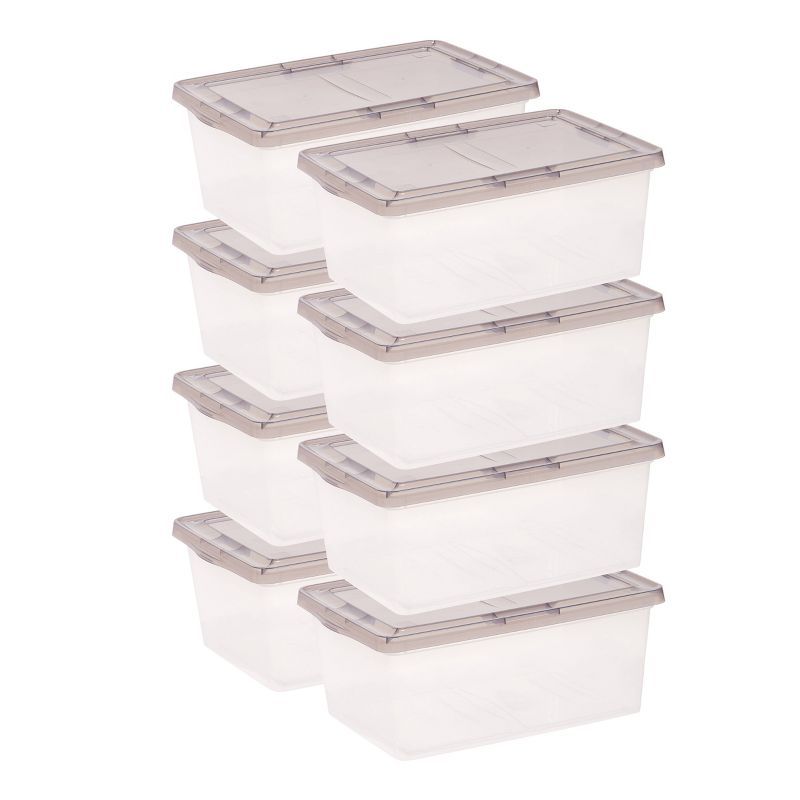 Clear Stackable Plastic Storage Bins with Gray Lids, Set of 8