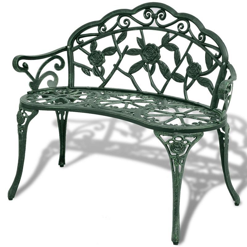 Green Cast Aluminum Garden Bench with Floral Design