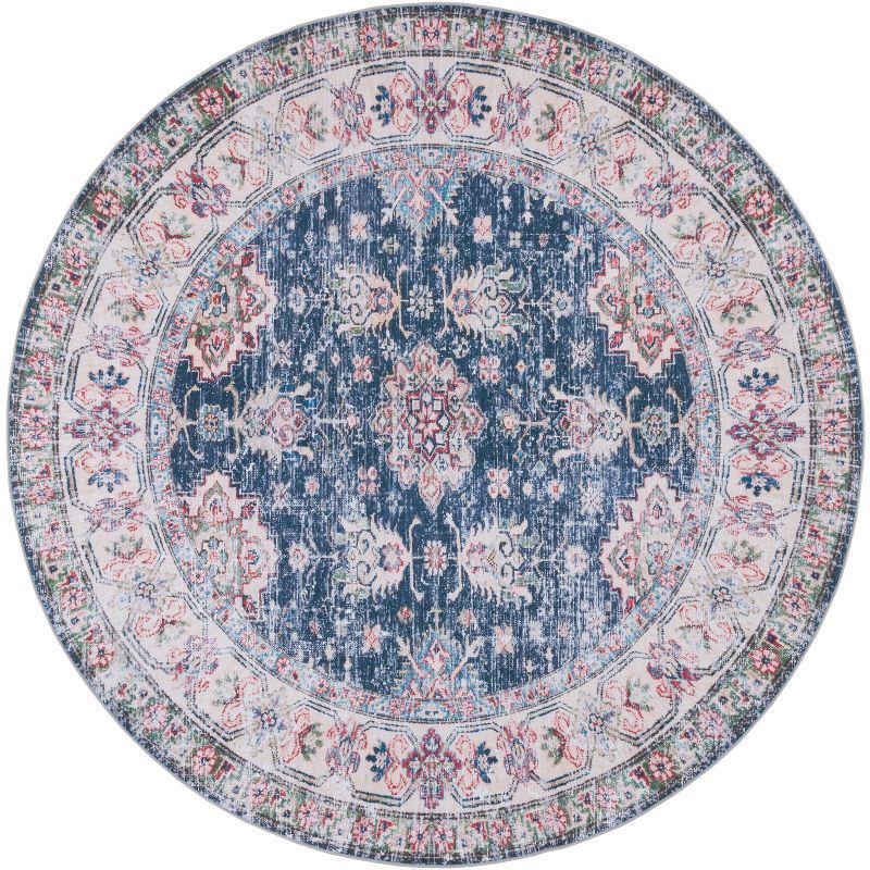 Navy and Beige Round Hand-Knotted Washable Area Rug