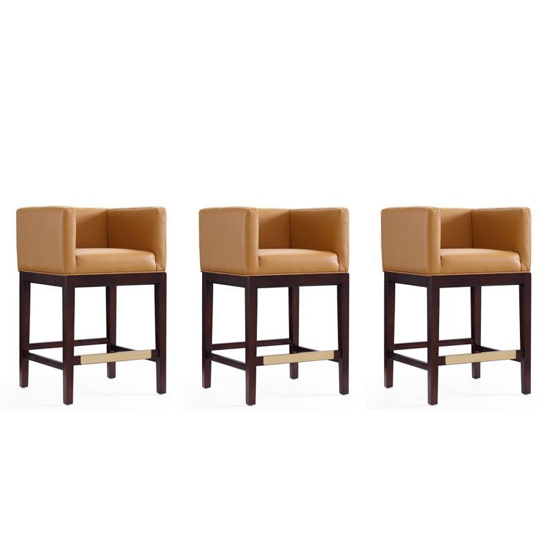 Kingsley Camel Leather and Walnut Wood Counter Height Bar Stools, Set of 3