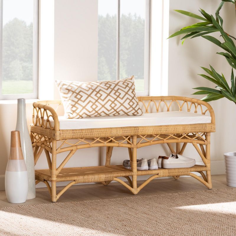 Natural Rattan Bench with Storage and Cushion