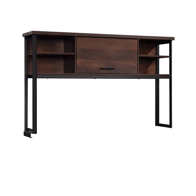 Barrel Oak and Black Metal Computer Desk Hutch with Shelves