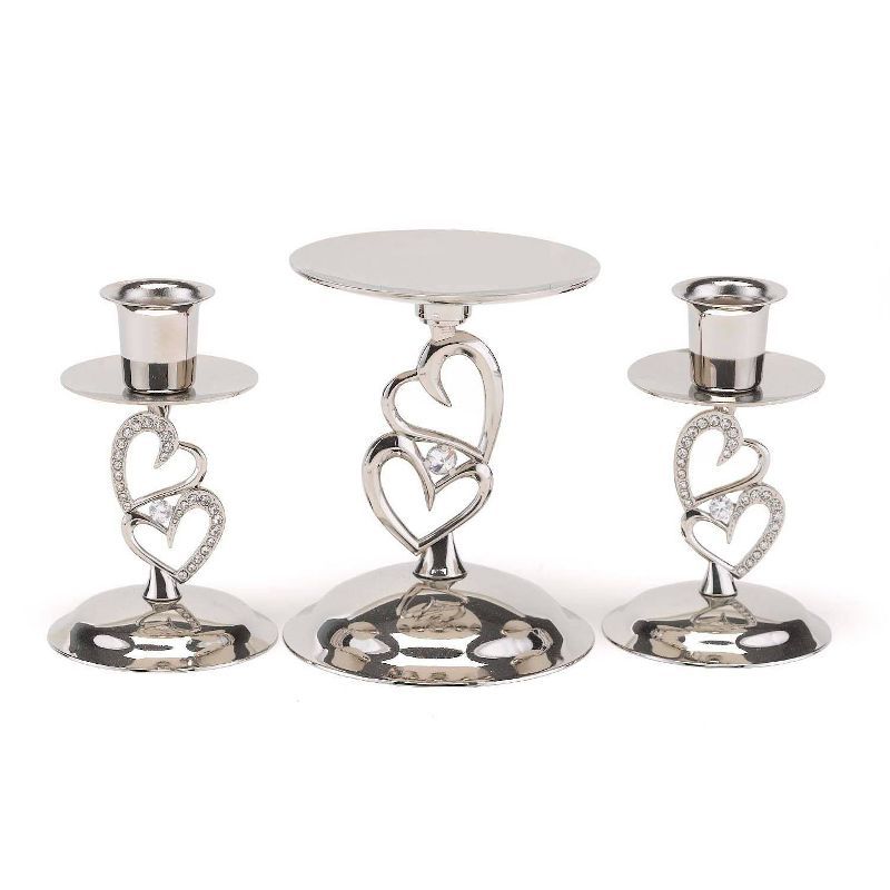 Silver Rhinestone Heart Wedding Candle Stand Trio