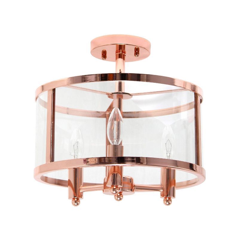 Rose Gold 3-Light 13" Glass & Iron Industrial Farmhouse Semi-Flushmount