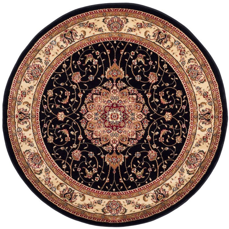 Elegant Floral Symphony Black/Ivory Synthetic Round Rug, 4' Diameter