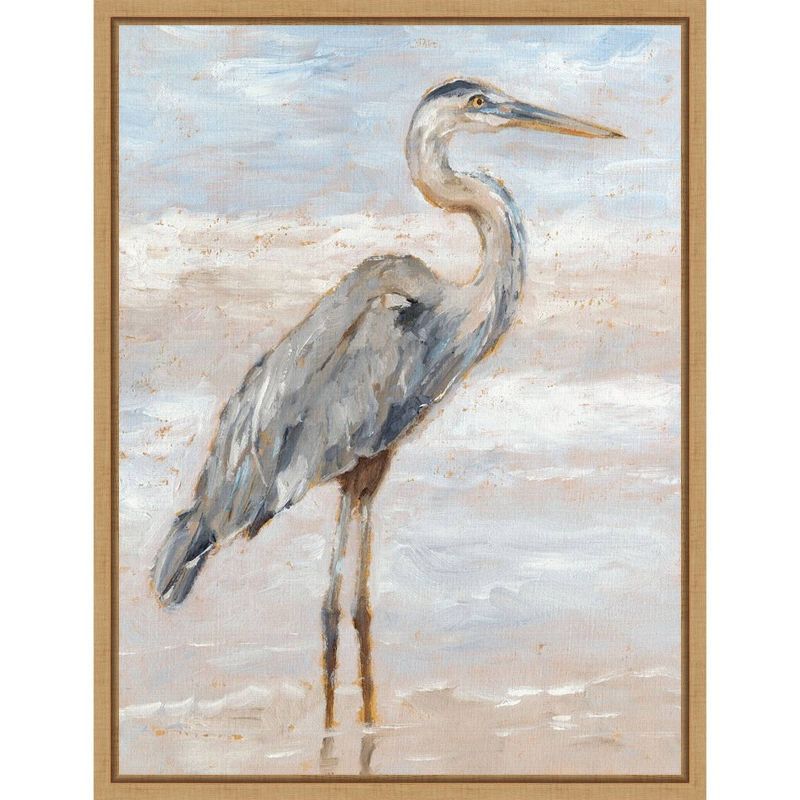 Beach Heron I Blue and Gray Canvas Print with Maple Frame