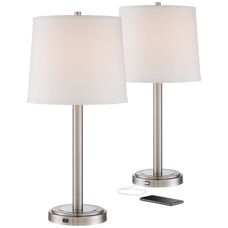 Camile Brushed Nickel Table Lamps with USB and Off-White Drum Shade