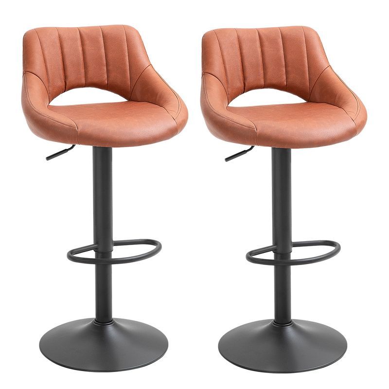 Adjustable Swivel Barstool in Brown Leather with Metal Base