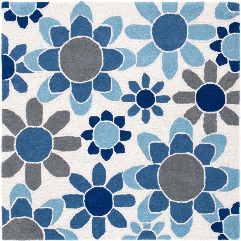 Ivory and Blue Hand-Tufted Wool Kids Square Rug