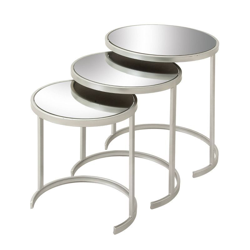 Set of 3 Silver Metal Round Mirrored Accent Tables