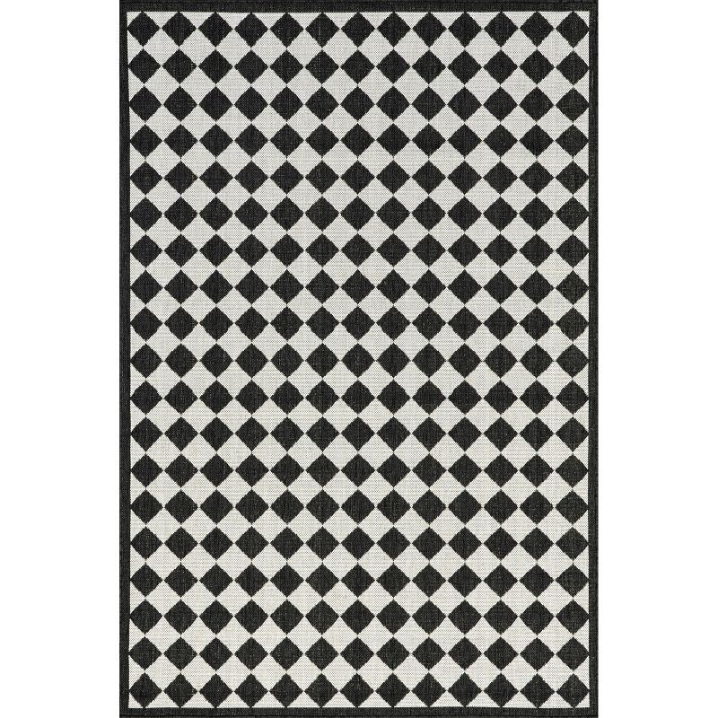 Black and White Checkered Synthetic Indoor Outdoor Rug, 4' x 6'