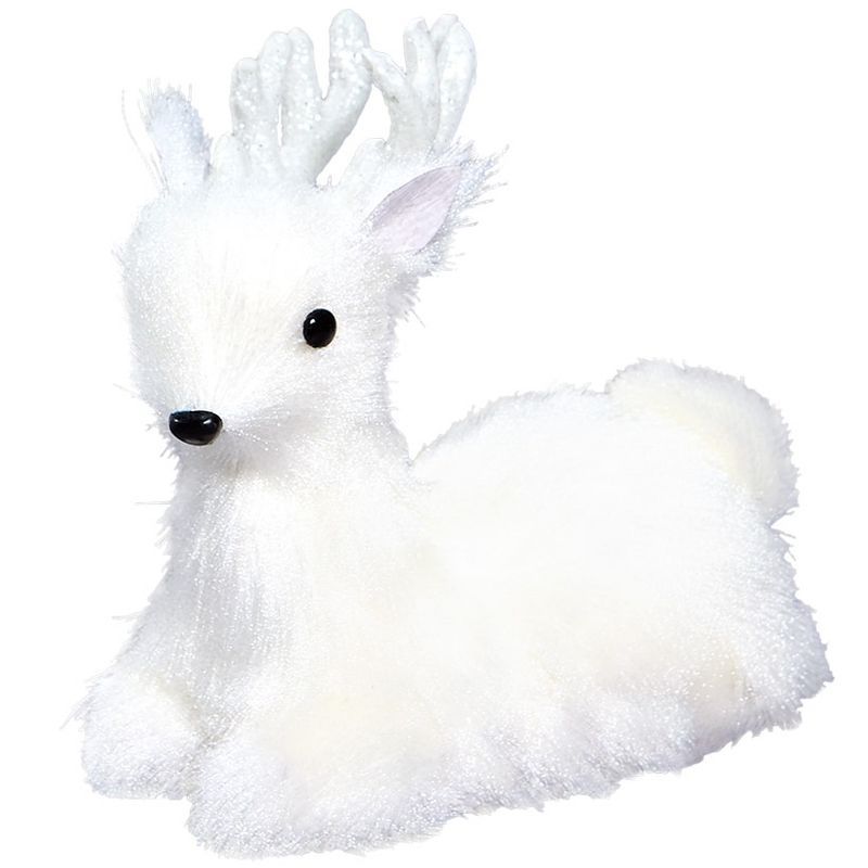 Winter White Plastic Sitting Deer Figurine with Sparkling Antlers