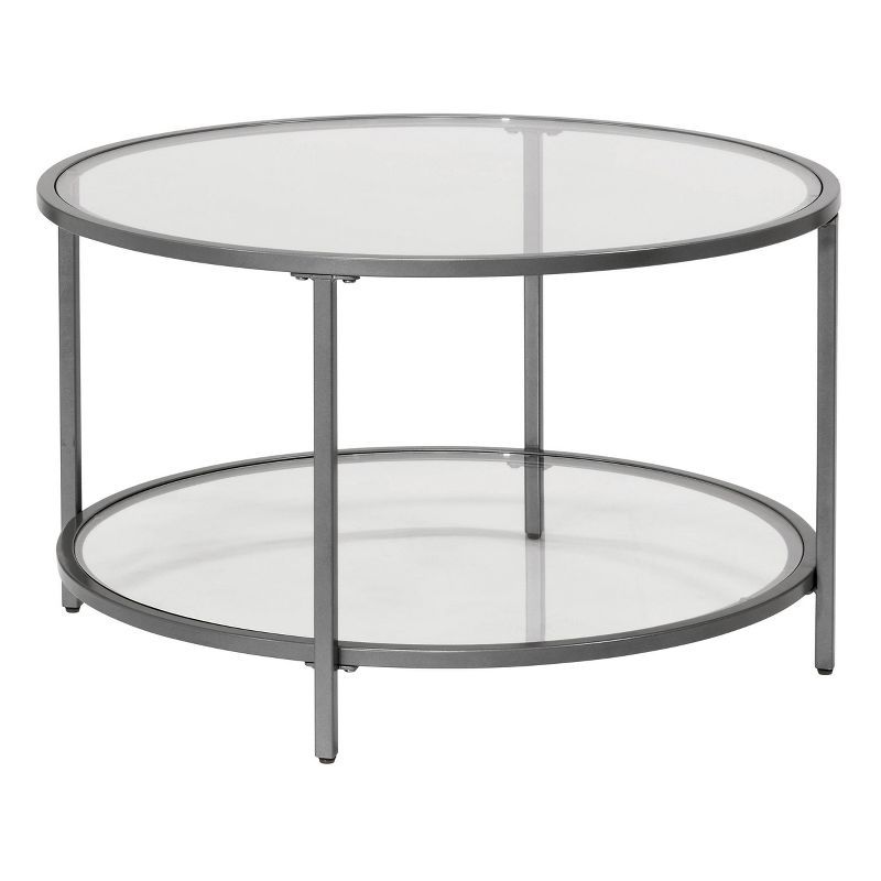 Pewter Round Glass Coffee Table with Steel Frame, 28 Inches