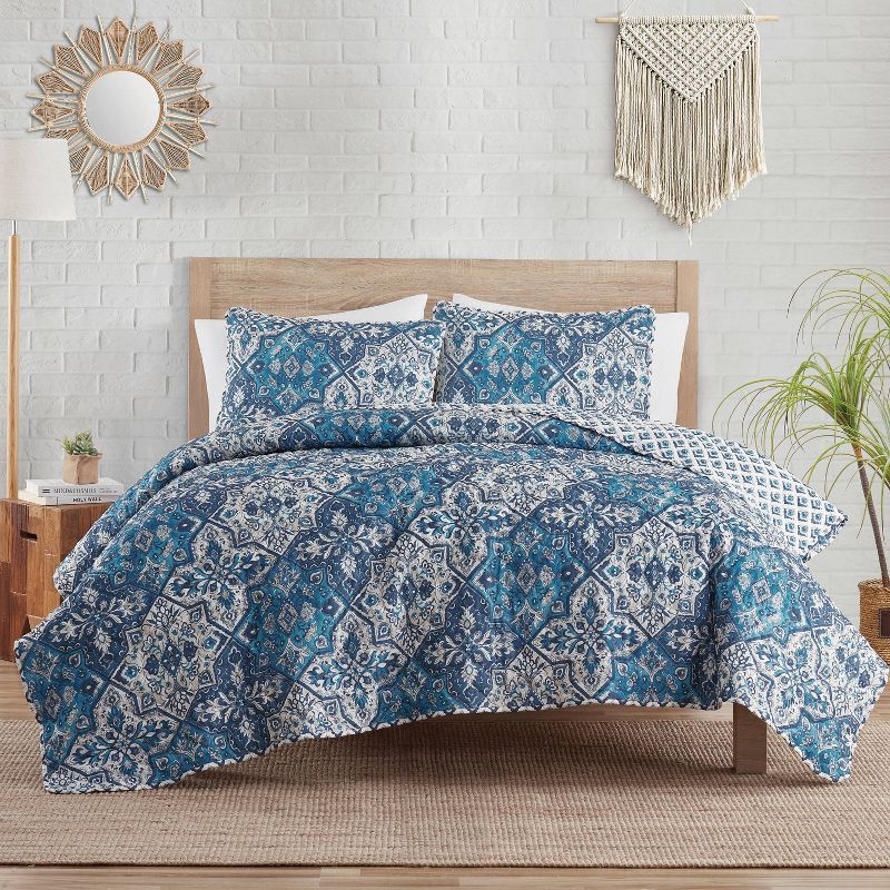 VCNY 3pc Full/Queen Denim Boho Medallion Reversible Quilt Set: Microfiber, Hypoallergenic, No Fill