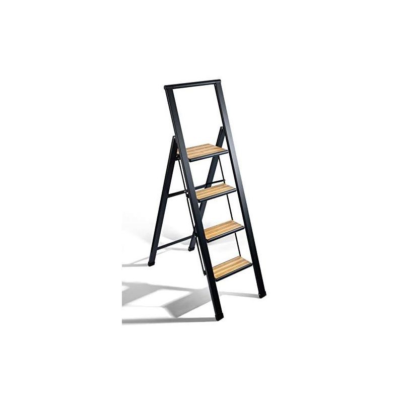 Black Aluminum and Bamboo 4-Step Folding Ladder
