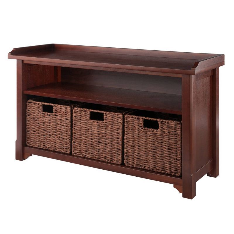 Walnut Wood Storage Bench with Woven Baskets