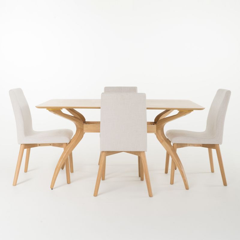 Katherine Mid-Century Oak & Light Beige 5-Piece Dining Set