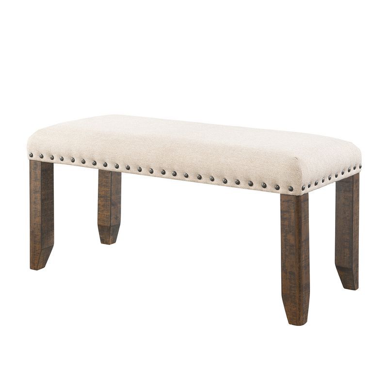 Rustic Cream Upholstered Bench with Walnut Legs