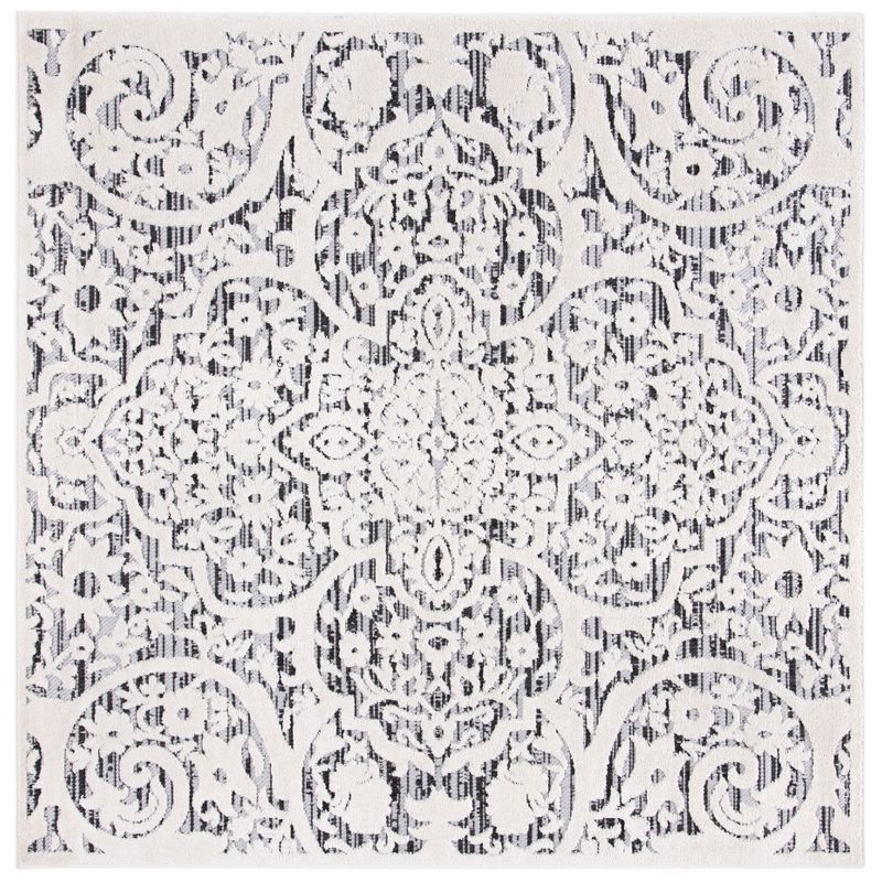 Ivory Floral Synthetic Square Indoor/Outdoor Rug, 6'7" x 6'7"